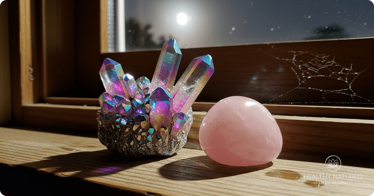 Charging rose quartz and Angel Aura Quartz in moonlight