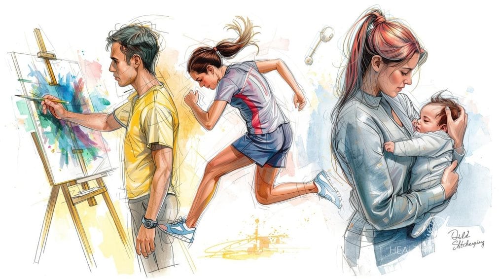 1 person artist painting, 1 person playing sport, 1 person nursing