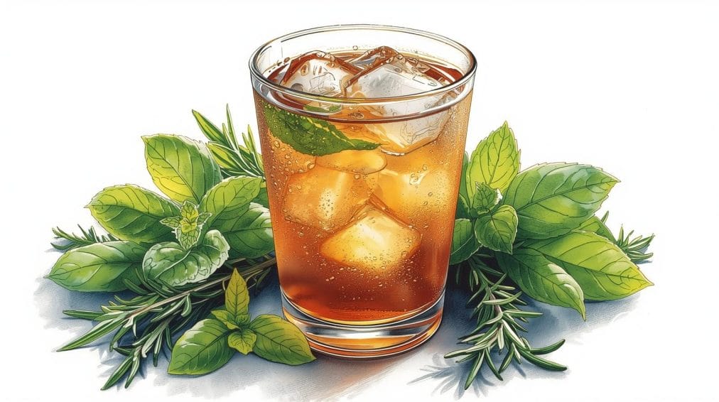 herbal infused iced tea surrounded by fresh herbs